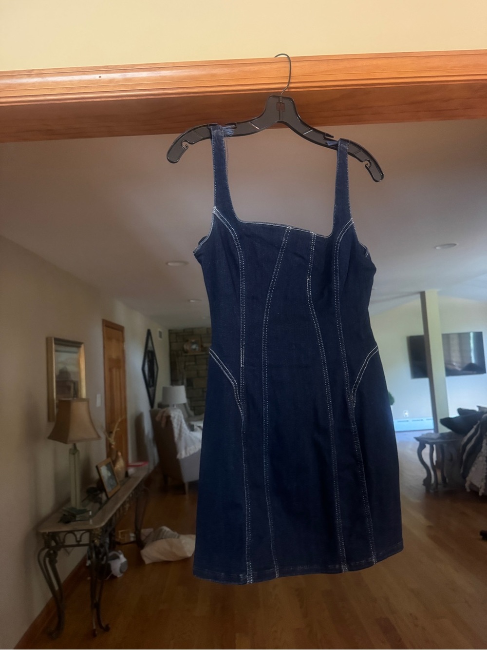 Zara Dark Blue Denim Mini Dress with White Contrast Stitching